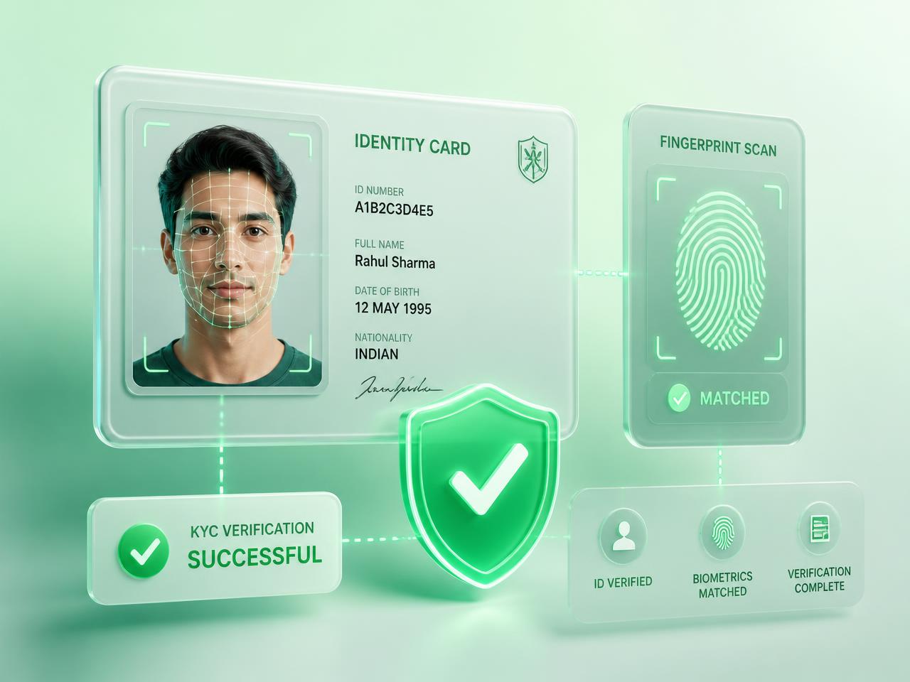 3D illustration of a KYC identity verification process with ID card, face scan and green verified shield