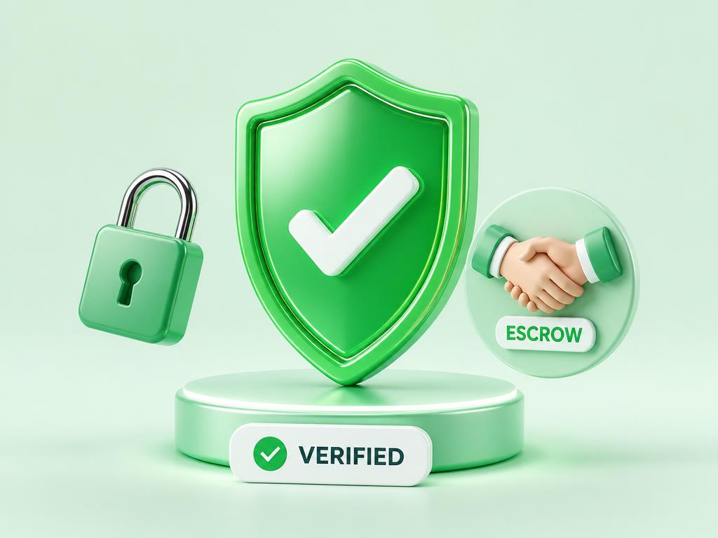 3D illustration of a green verified shield with lock and escrow handshake